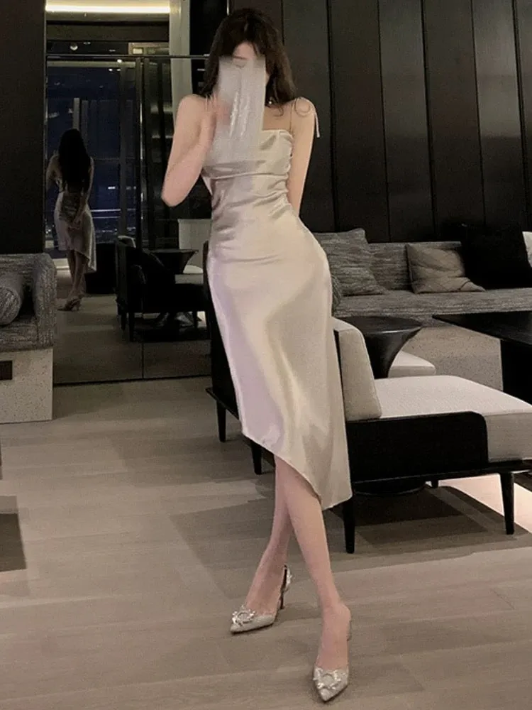 JazzHer Pretty Sheath Spaghetti Straps Satin Evening Dress Prom Dresses With Ruffles (PRE-ORDER)