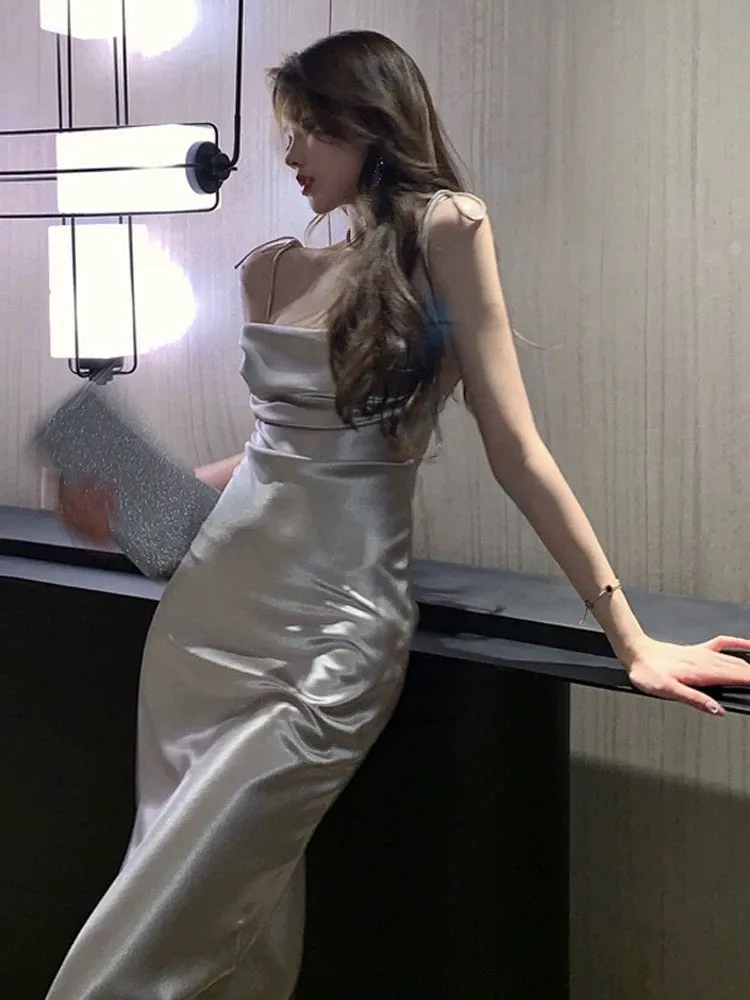 JazzHer Pretty Sheath Spaghetti Straps Satin Evening Dress Prom Dresses With Ruffles (PRE-ORDER)