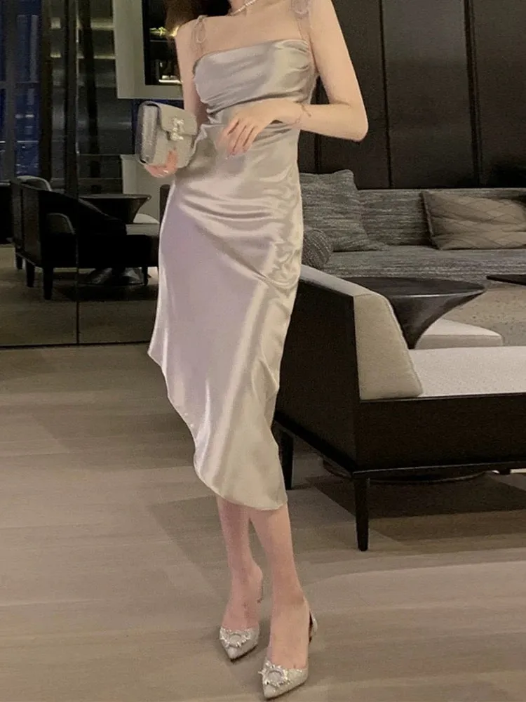 JazzHer Pretty Sheath Spaghetti Straps Satin Evening Dress Prom Dresses With Ruffles (PRE-ORDER)