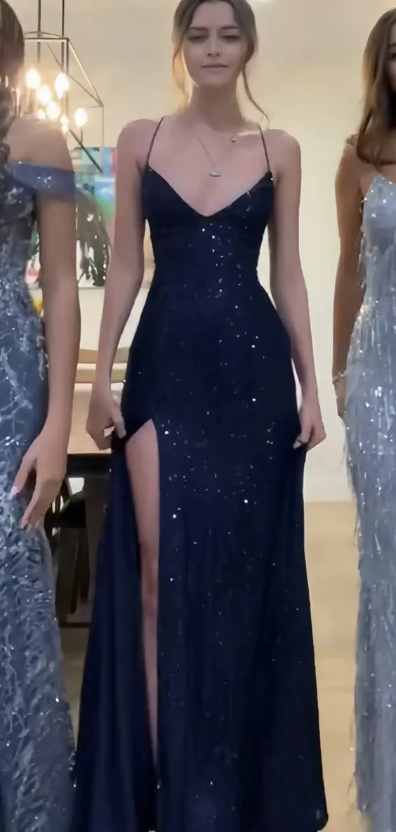 JazzHer Pretty Sheath Spaghetti Straps Slit Navy Blue Sequin Prom Dresses Evening Dress (PRE-ORDER)