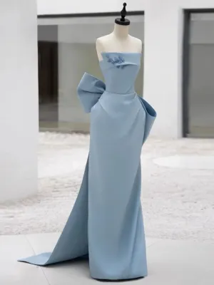 JazzHer Pretty Sheath Strapless Blue Satin Long Prom Dress Evening Dresses With Bow (PRE-ORDER)