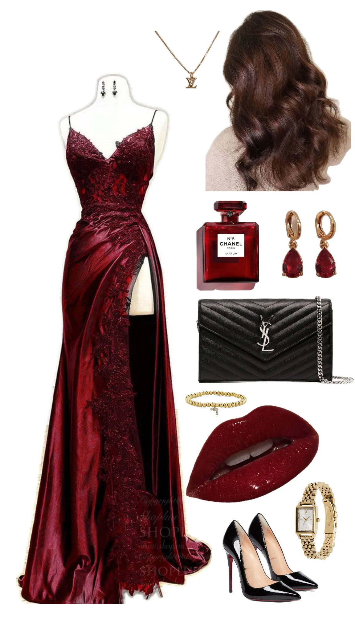 JazzHer Pretty Sheath Straps Sleeveless Burgundy Long Slit Slit Prom Dresses Evening Dress With Lace (PRE-ORDER)