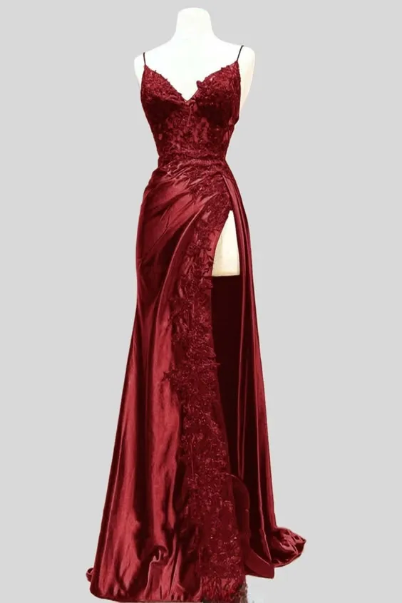 JazzHer Pretty Sheath Straps Sleeveless Burgundy Long Slit Slit Prom Dresses Evening Dress With Lace (PRE-ORDER)