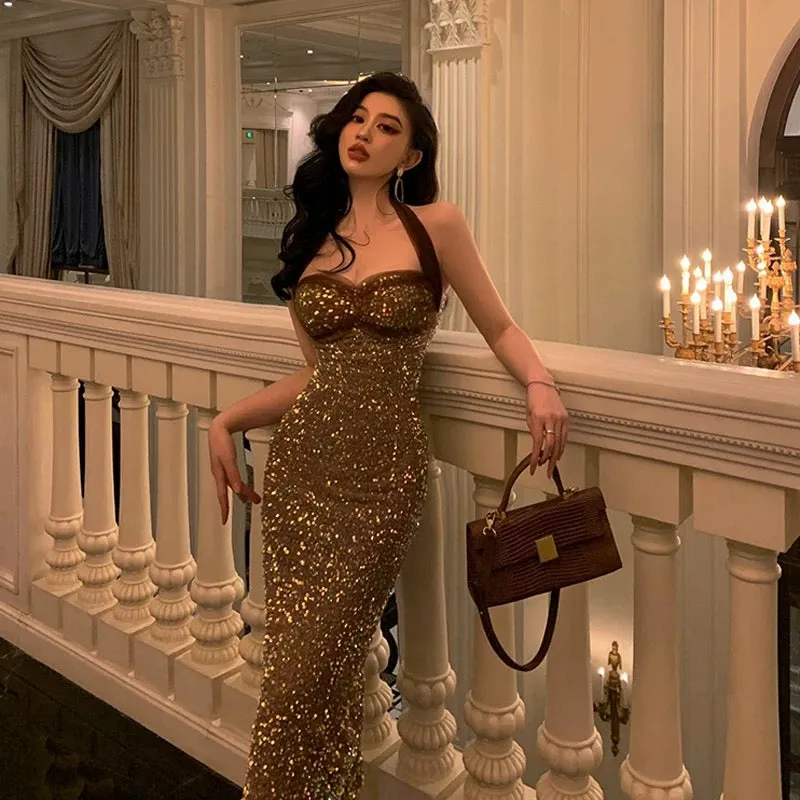 JazzHer Sexy Sheath Halter Sequin Midi Evening Dress Prom Dresses Birthday Outfits (PRE-ORDER)