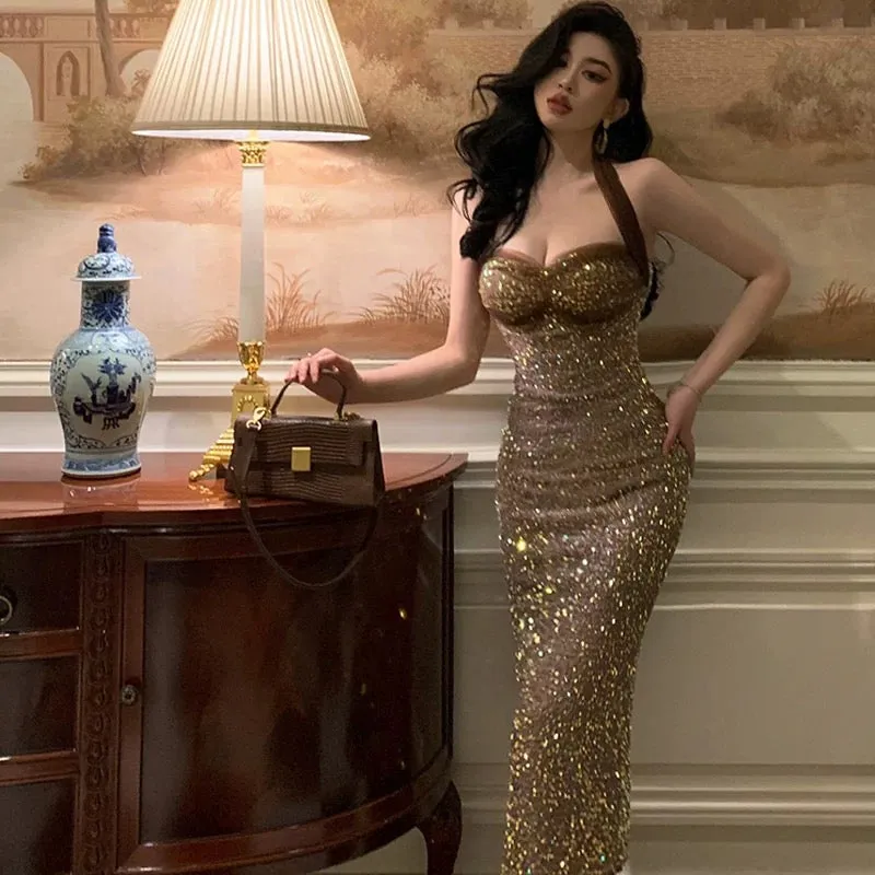 JazzHer Sexy Sheath Halter Sequin Midi Evening Dress Prom Dresses Birthday Outfits (PRE-ORDER)
