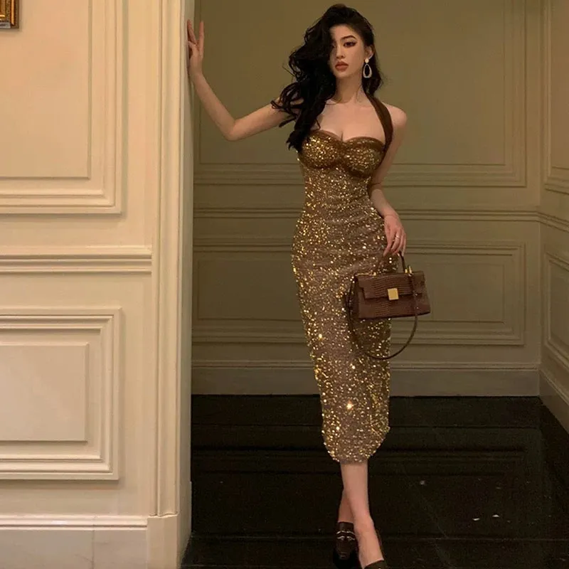 JazzHer Sexy Sheath Halter Sequin Midi Evening Dress Prom Dresses Birthday Outfits (PRE-ORDER)