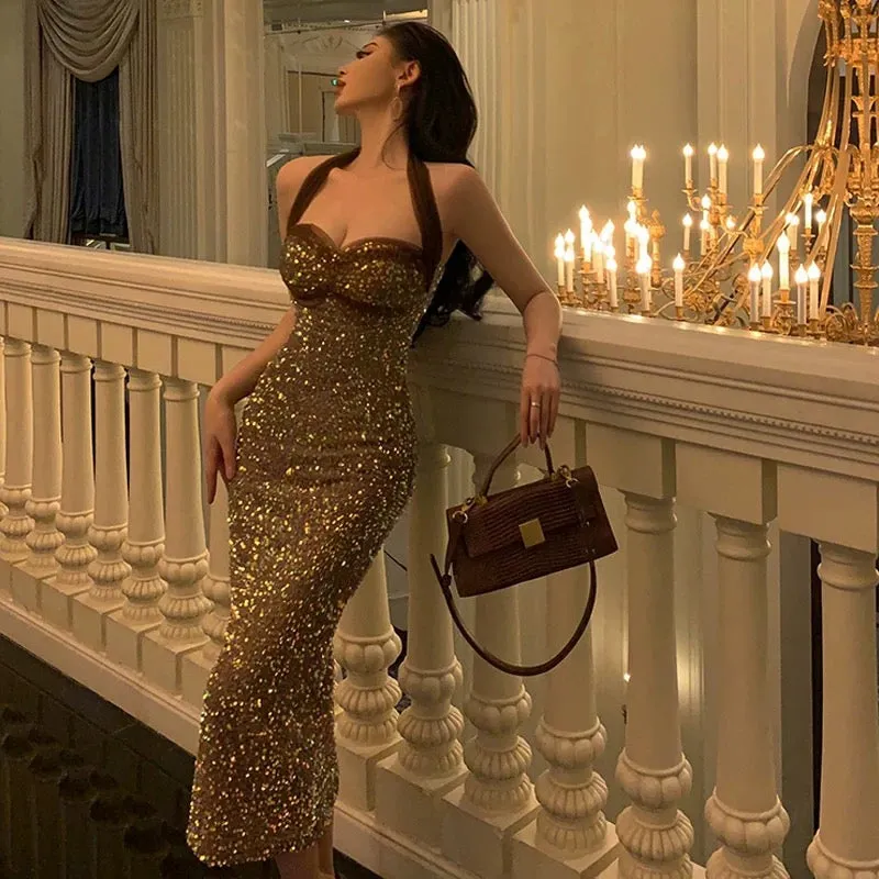 JazzHer Sexy Sheath Halter Sequin Midi Evening Dress Prom Dresses Birthday Outfits (PRE-ORDER)