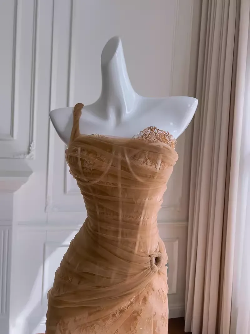 JazzHer Sexy Sheath One Shoulder Tulle Lace Champagne Birthday Outfit Homecoming Dresses (PRE-ORDER)