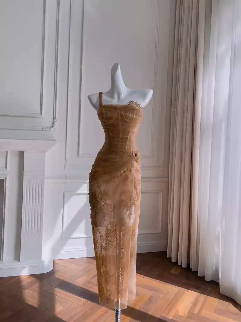 JazzHer Sexy Sheath One Shoulder Tulle Lace Champagne Birthday Outfit Homecoming Dresses (PRE-ORDER)