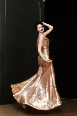 JazzHer Sexy Sheath Straps Sequin Gold Prom Dresses Party Evening Dress With Ruffles (PRE-ORDER)