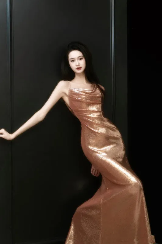 JazzHer Sexy Sheath Straps Sequin Gold Prom Dresses Party Evening Dress With Ruffles (PRE-ORDER)