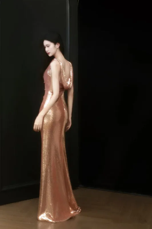 JazzHer Sexy Sheath Straps Sequin Gold Prom Dresses Party Evening Dress With Ruffles (PRE-ORDER)