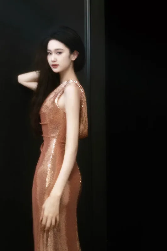 JazzHer Sexy Sheath Straps Sequin Gold Prom Dresses Party Evening Dress With Ruffles (PRE-ORDER)