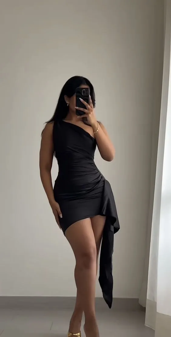 JazzHer Simple Sheath One Shoulder Black Short Homecoming Dresses Birthday Outfit (PRE-ORDER)