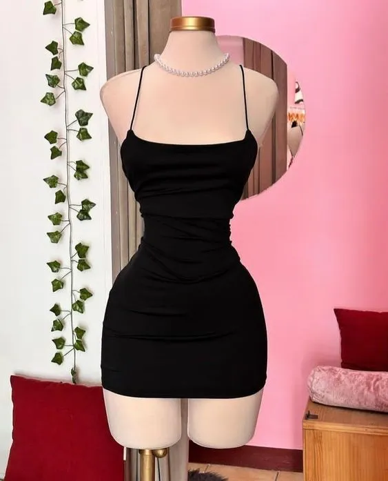 JazzHer Simple Sheath Spagehtti Straps Black Short Tight Homecoming Dresses (PRE-ORDER)