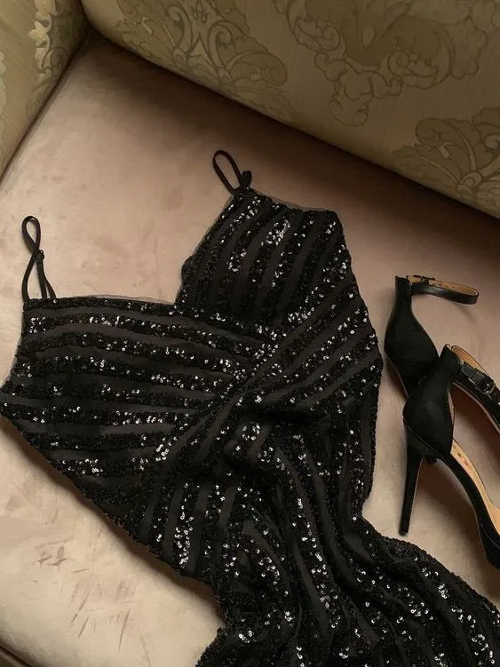JazzHer th Birthday Sheath Spaghetti Straps Black Sequin Homecoming Dresses Party Dress (PRE-ORDER)