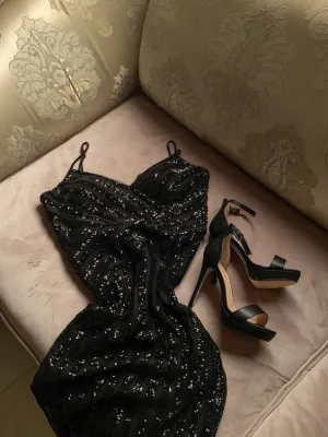 JazzHer th Birthday Sheath Spaghetti Straps Black Sequin Homecoming Dresses Party Dress (PRE-ORDER)