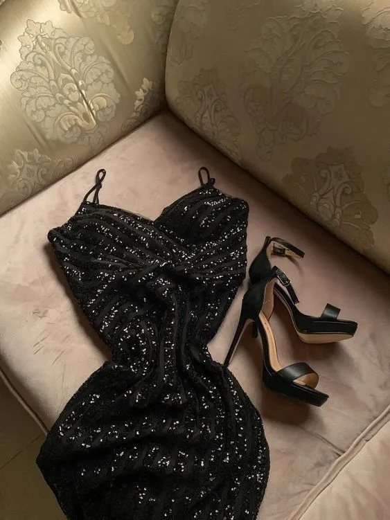 JazzHer th Birthday Sheath Spaghetti Straps Black Sequin Homecoming Dresses Party Dress (PRE-ORDER)