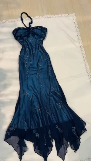 JazzHer Vintage Sheath Halter Blue Chiffon Ankle Length Prom Dresses With Beads Evening Dress (PRE-ORDER)
