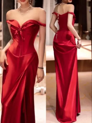 JazzHer Vintage Sheath Off The Shoulder Red Satin Long Length Prom Dresses Birthday Outfits (PRE-ORDER)