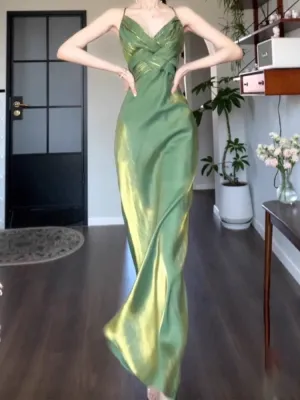 JazzHer Vintage Sheath Spaghetti Straps Green Chiffon Long Evening Dress Prom Dresses (PRE-ORDER)