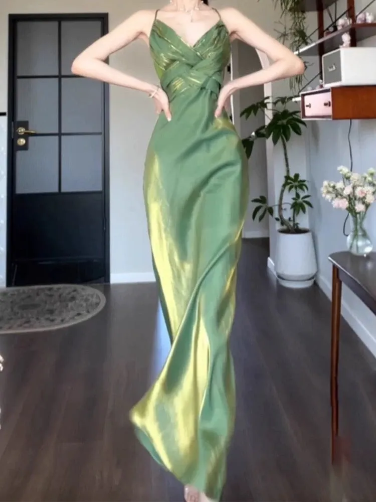 JazzHer Vintage Sheath Spaghetti Straps Green Chiffon Long Evening Dress Prom Dresses (PRE-ORDER)