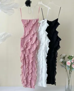 JazzHer Vintage Sheath Spaghetti Straps Pink Chiffon Floor Length Prom Dresses Ruffles Evening Dress (PRE-ORDER)