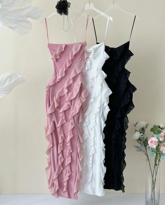 JazzHer Vintage Sheath Spaghetti Straps Pink Chiffon Floor Length Prom Dresses Ruffles Evening Dress (PRE-ORDER)