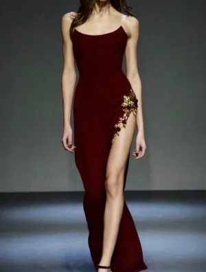 JazzHer Vintage Sheath Strapless Burgundy Slit Long Length Prom Dresses Birthday Outfits (PRE-ORDER)