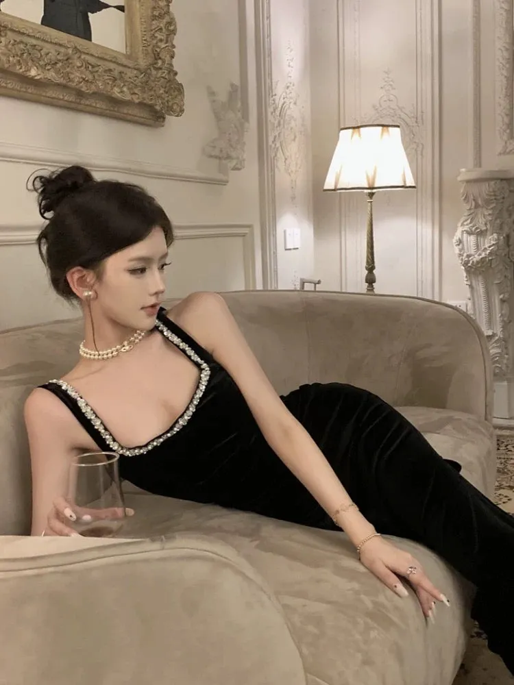 JazzHer Vintage Sheath Straps Black Velvet Long Evening Dress Prom Dresses (PRE-ORDER)