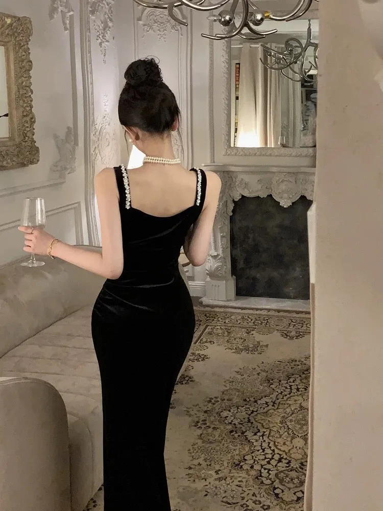 JazzHer Vintage Sheath Straps Black Velvet Long Evening Dress Prom Dresses (PRE-ORDER)