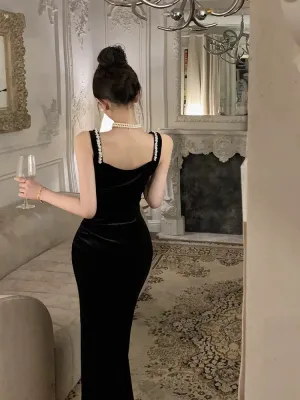 JazzHer Vintage Sheath Straps Black Velvet Long Evening Dress Prom Dresses (PRE-ORDER)