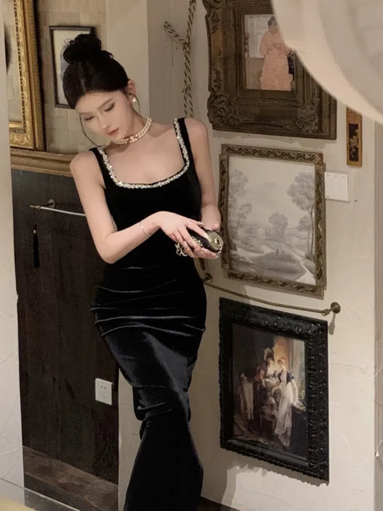 JazzHer Vintage Sheath Straps Black Velvet Long Evening Dress Prom Dresses (PRE-ORDER)