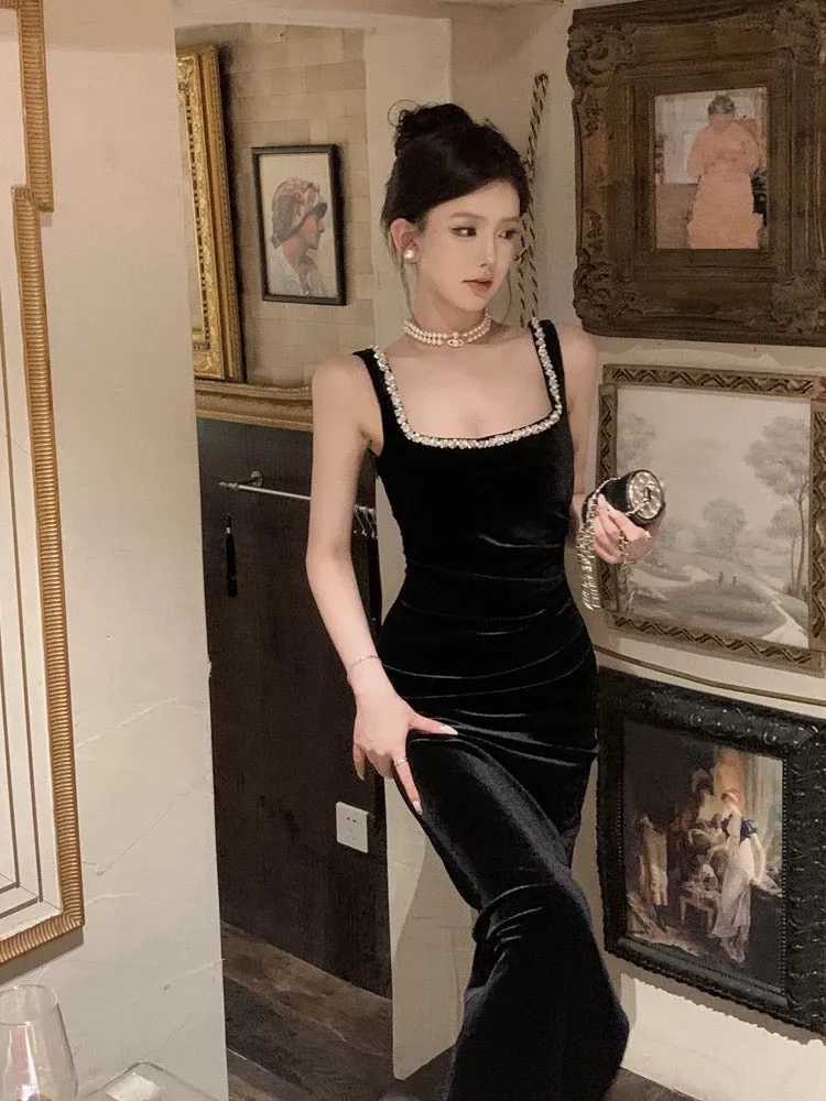 JazzHer Vintage Sheath Straps Black Velvet Long Evening Dress Prom Dresses (PRE-ORDER)
