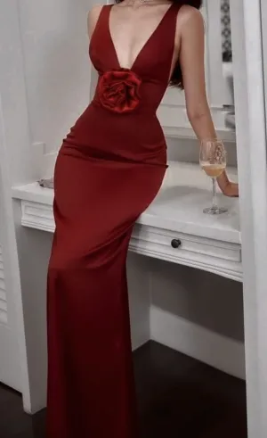 JazzHer Vintage Sheath V Neckline Red Satin Long Prom Dresses Birthday Outfits With Flower (PRE-ORDER)