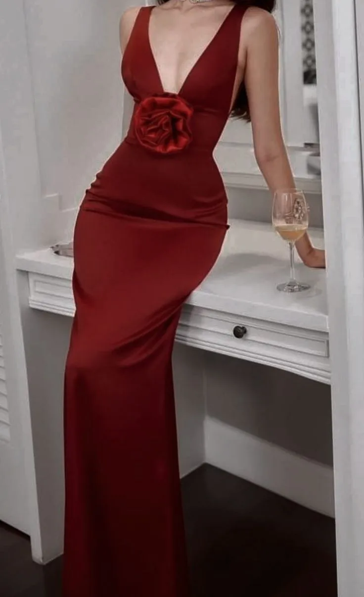 JazzHer Vintage Sheath V Neckline Red Satin Long Prom Dresses Birthday Outfits With Flower (PRE-ORDER)