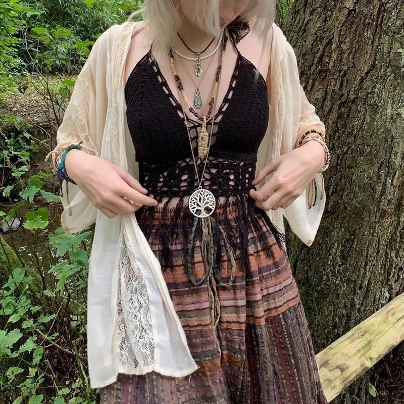 JazzHer y2k Fairy Grunge  Women's Summer Long Skirts High-Waisted  Vintage Stripes Print Bohemian Style High Waist Skirt Beachwear
