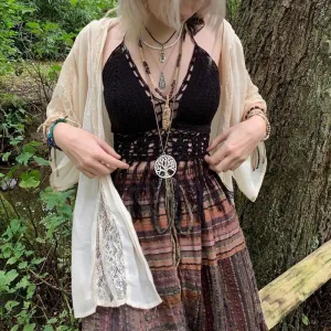 JazzHer y2k Fairy Grunge  Women's Summer Long Skirts High-Waisted  Vintage Stripes Print Bohemian Style High Waist Skirt Beachwear