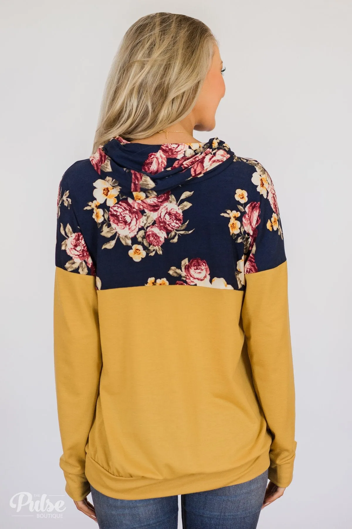 Just What I Need Floral Cowl Neck- Honey Yellow & Navy