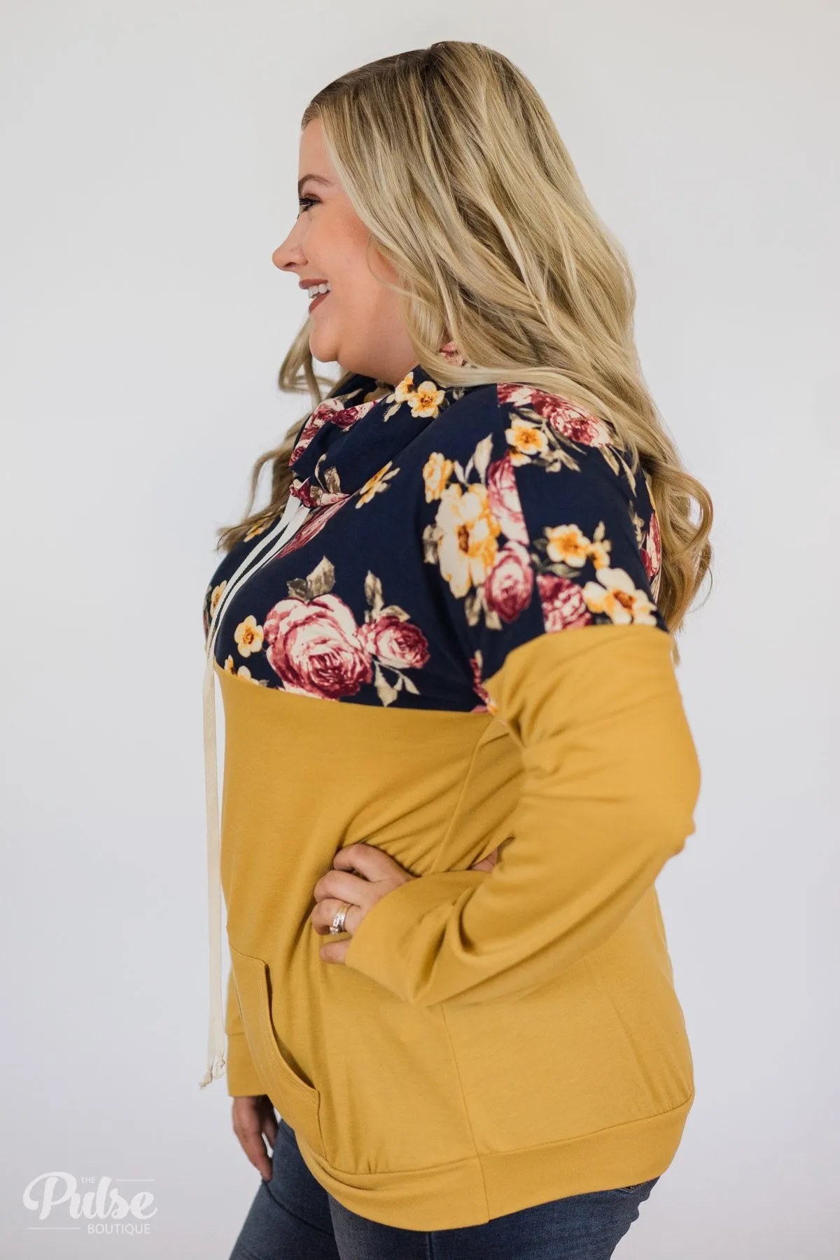 Just What I Need Floral Cowl Neck- Honey Yellow & Navy