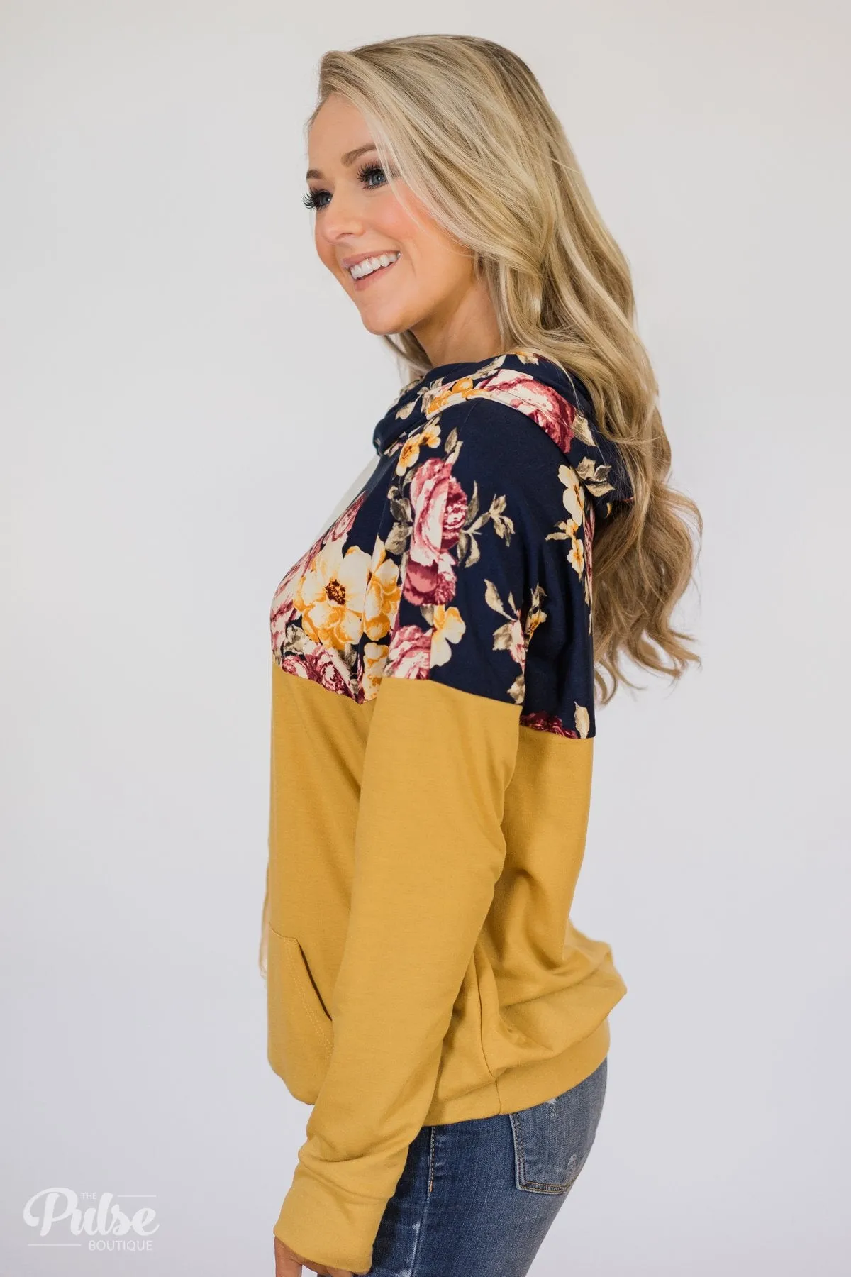 Just What I Need Floral Cowl Neck- Honey Yellow & Navy