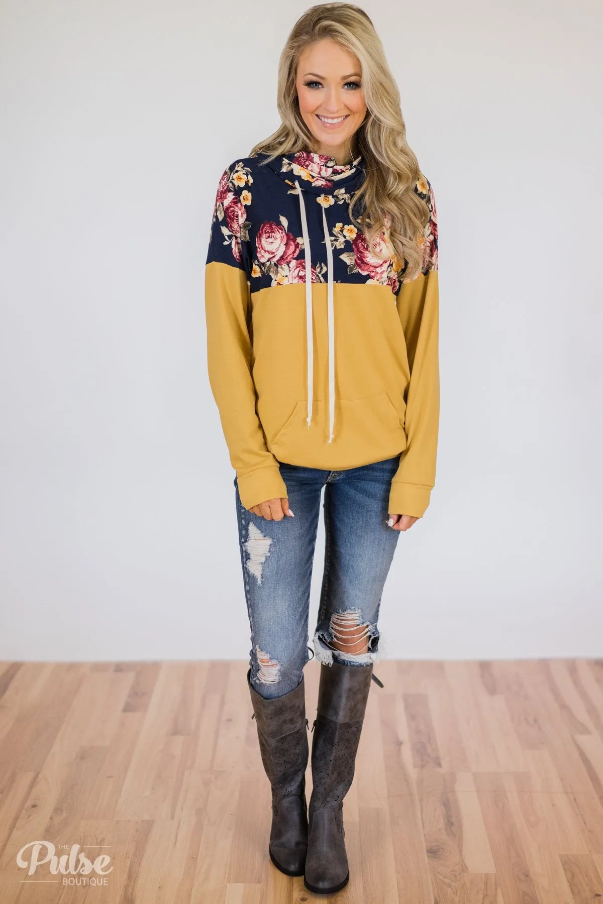 Just What I Need Floral Cowl Neck- Honey Yellow & Navy