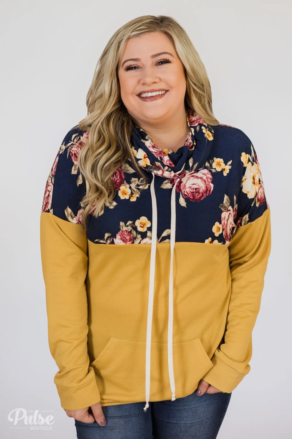 Just What I Need Floral Cowl Neck- Honey Yellow & Navy