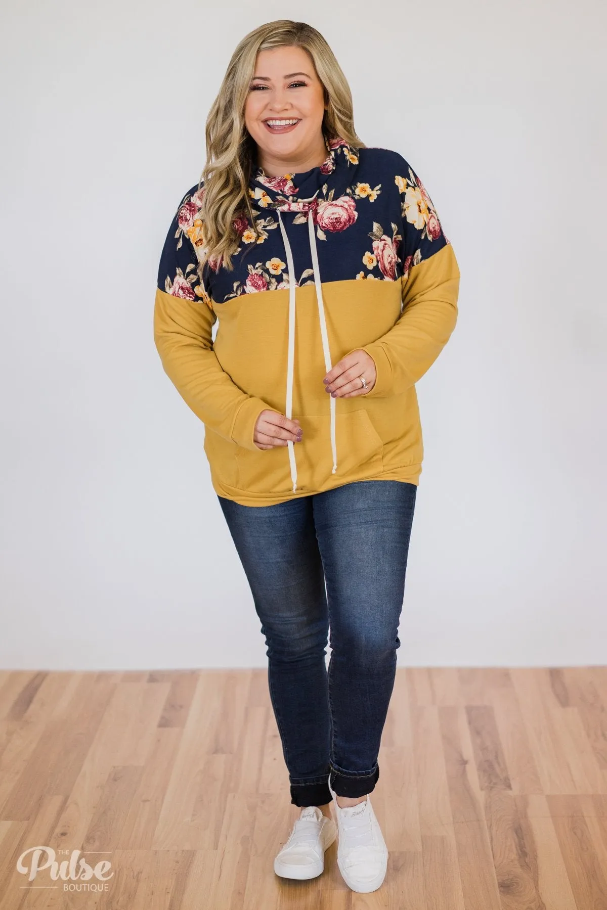 Just What I Need Floral Cowl Neck- Honey Yellow & Navy