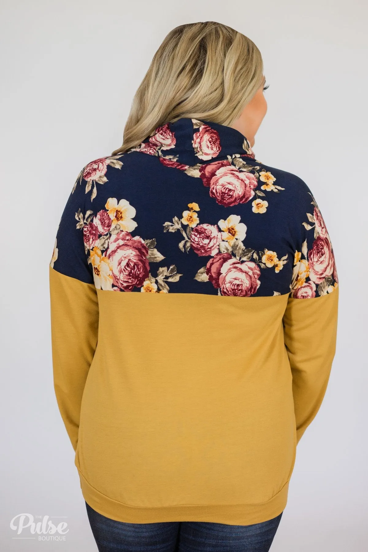 Just What I Need Floral Cowl Neck- Honey Yellow & Navy