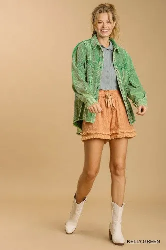 Kelly Green Washed Corduroy Button Front Shacket