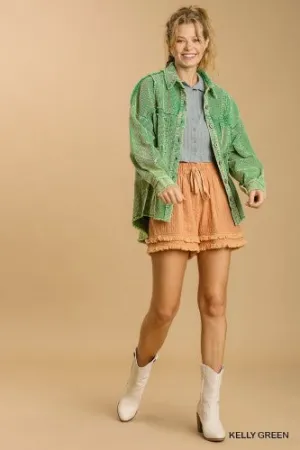 Kelly Green Washed Corduroy Button Front Shacket