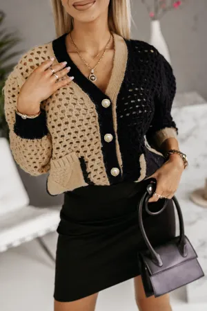 Khaki Colorblock Oprn Knit Flower Button Cardigan