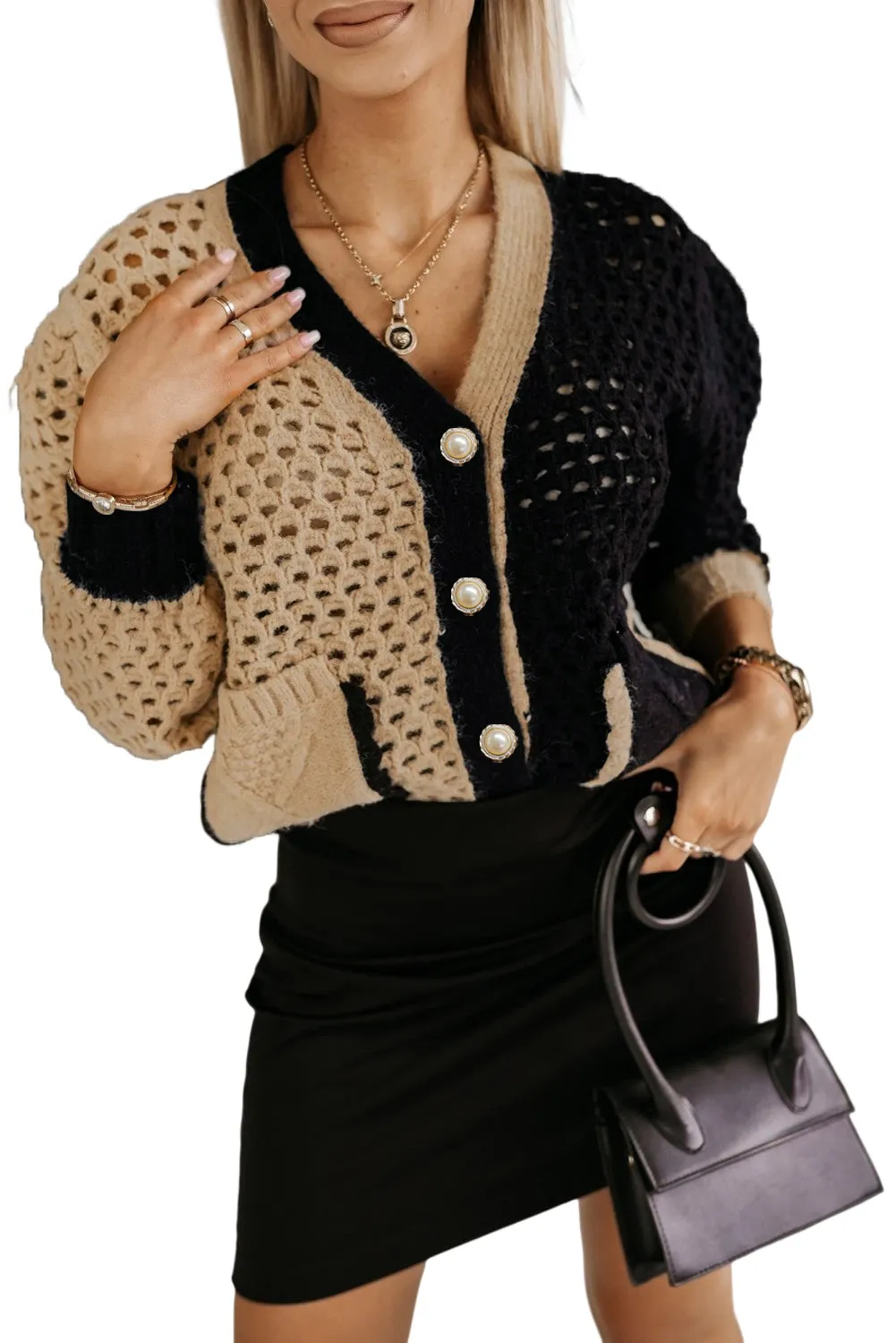 Khaki Colorblock Oprn Knit Flower Button Cardigan