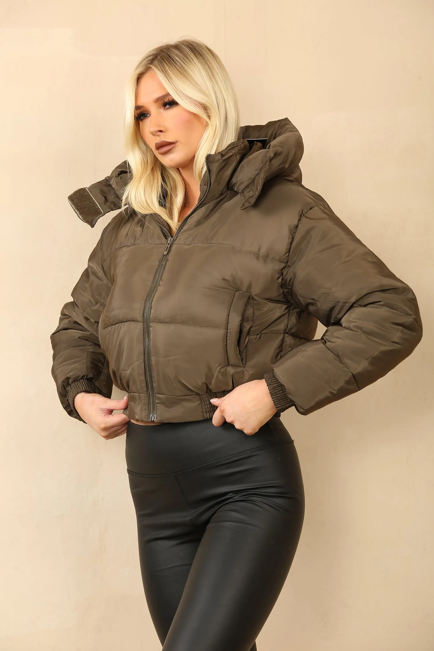 Khaki Cropped Hooded Zip Puffer Jacket
